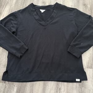 Orvis Sweatshirt Women Large Navy Blue V-Neck Fleece Dropped Shoulders Cozy Soft